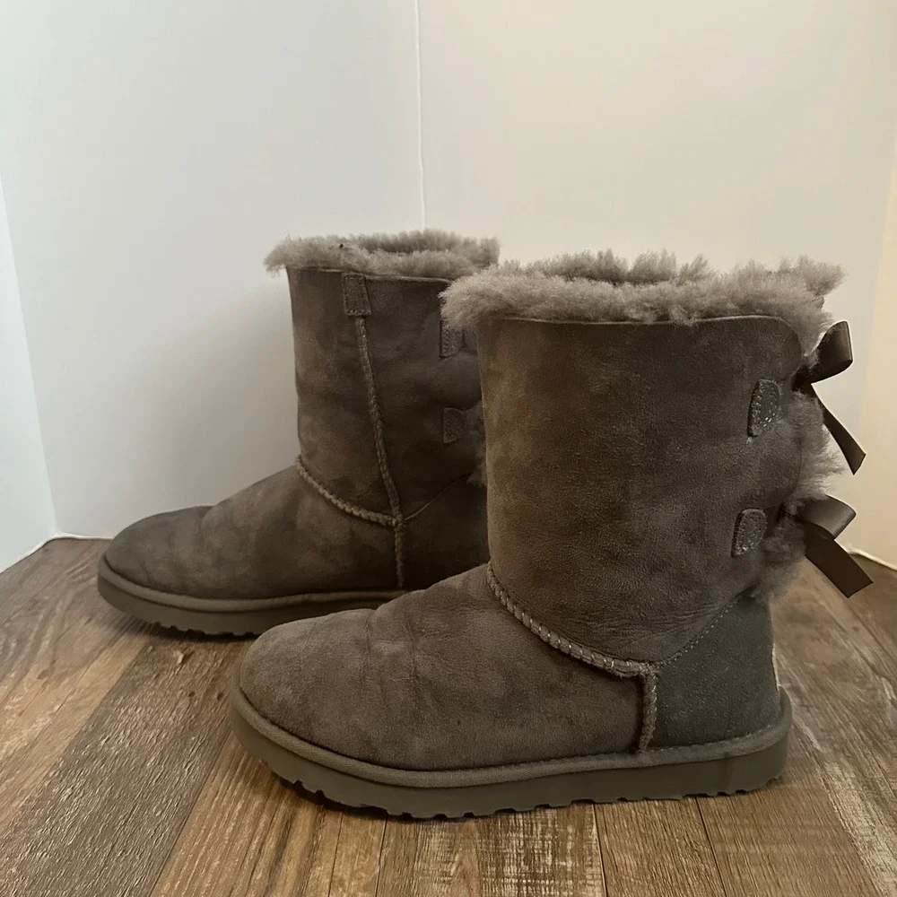 UGG‎ Australia Bailey Bow II Grey Suede Mid Calf Boots Womens Double Bows